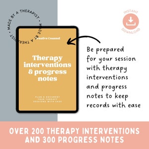 Puede incluir: Una descarga digital para intervenciones terap&eacute;uticas y notas de progreso. La imagen muestra la pantalla de una tableta con un fondo amarillo y el texto "Intervenciones terap&eacute;uticas y notas de progreso". El texto "Planifica y documenta tus sesiones de terapia con facilidad" tambi&eacute;n est&aacute; en la pantalla. La imagen tiene un fondo gris con el texto "Hecho por un terapeuta" en un c&iacute;rculo y el texto "Descarga instant&aacute;nea" en un c&iacute;rculo con un icono de descarga.