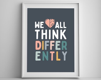 Neurodiversity we all think differently poster neurodiverse inclusive counselor decoration classroom diverse abilities brain therapy office