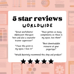 May include: A pink background with a white box containing five black stars and text that reads "5 star reviews WORLDWIDE". The text in the box includes customer reviews about worksheets, a printable resource, and a shop and product recommendation.
