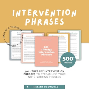 Könnte beinhalten: Ein digitaler Download von über 500 Therapie-Interventions-Phrasen, um Ihren Notizprozess zu optimieren. Das Cover zeigt ein rosa, blaues und grünes Farbschema mit dem Text "500+ Therapie-Interventions-Phrasen" in Weiß.