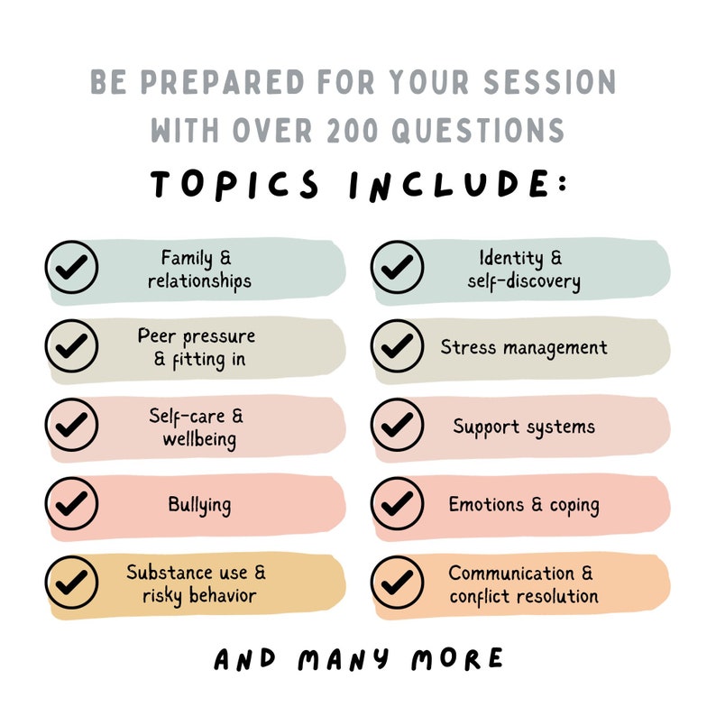 therapy resources for teenagers
These therapy session questions for teens will encourage open dialogue and engagement with your teenage clients. Establish rapport and gain insights with probing questioning. Over 200 questions and 27 topics of issues adolescents often deal with and come to therapy for.
