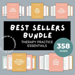 May include: A bundle of therapy practice essentials, including 1000 therapy questions, 500 SMART therapy goals, 500 therapy intervention phrases, therapy interventions and progress notes, and 600 therapy session scripts. The bundle contains 358 pages and is made by a therapist.
