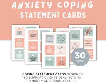 May include: A set of 30 printable coping statement cards designed to help people dealing with anxiety and panic attacks. The cards feature a variety of positive affirmations and coping strategies in a light blue and pink color scheme.