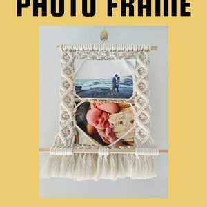 May include: A DIY macrame photo frame with two pictures, one of a couple on a beach and one of a baby. The frame is made with white cord and has a wooden dowel at the top. The text "Instructional Picture Guide" and "Krifts.etsy.com" are at the bottom of the image.