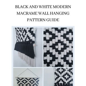 Peut inclure: Suspension murale en macramé noir et blanc avec un motif géométrique. La suspension a un pompon noir et une frange blanche. "Upgrade your home decor" et "Krifts.etsy.com" sont imprimés sous la suspension.
