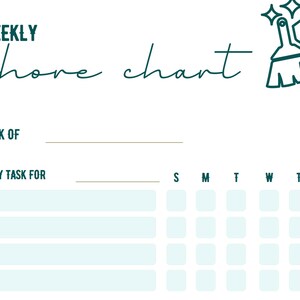 May include: A printable weekly chore chart with a green broom and stars illustration. The chart has a space to write the week of and daily tasks for each day of the week.