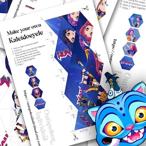 May include: Printed sheets with instructions for creating a kaleidoscope. The sheets display anime-style character illustrations and the text "Make your own Kaleidoeyele". The color palette includes blue, purple, and pink.