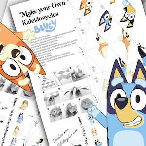 Könnte beinhalten: Druckbares DIY-Bastelset mit Bluey-Charakteren. Das Set enthält Anleitungen und Vorlagen zur Herstellung eines Kaleidoskops. Die Anweisungen sind auf Englisch und enthalten Diagramme. Das Set ist für Kinder und Familien konzipiert.