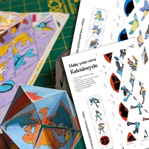 Könnte beinhalten: Eine druckbare Papierbastelvorlage zum Erstellen eines 3D-Kaleidoskops. Die Vorlage zeigt eine Comicfigur aus dem Pokémon-Franchise. Die Anweisungen umfassen das Drucken auf leichtes Kartonpapier, das Ritzen von Linien, das Schneiden, Falten und Kleben oder Zusammenkleben. Die Website-Adresse ist auf der Vorlage enthalten.