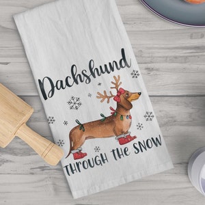 Dachshund Christmas Tea Towel, Cute Pet Doxie Towel, Dachshund Mama Mom Gift for Doxie Lover, Holiday Kitchen Decor, Smooth Hair, Coat, Red