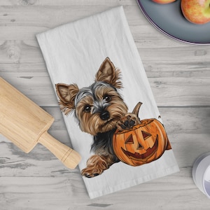 Halloween Yorkshire Terrier Tea Towel, Cute Yorkie Kitchen Towel, Halloween Decor, Dog Lover Gift, Trick or Treat Dish Cloth