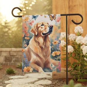 Bandeira de jardim Golden Retriever, presente fofo para Golden Retriever, faixa de inauguração de casa, fique dourado, arte de jardim de verão