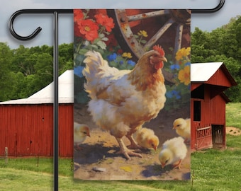 Bandera de jardín de gallinas y pollitos, estandarte de patio de gallinas y pollitos, regalo de gallina Orpington color beige, regalo para amantes de las gallinas, bandera de granja de gallinas, verano campestre