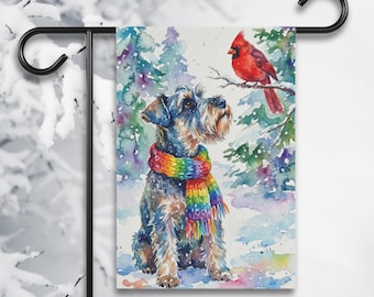 Miniature Schnauzer Winter Flag, Winter Dog Cardinal Garden Flag, Schnauzer Yard Banner, Schnauzer Dog Gifts, Schnauzer Dog Decor, Yard Art