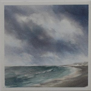 Original Seascape &quot;Stormy Skies, Northumberland&quot;, Watercolour Painting,  Not Print, Atmospheric Beach Scene with Storm Clouds