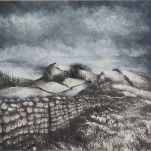 Original Landscape Drawing &quot;Hadrian&#39;s Wall, Northumberland&quot;, Atmospheric Tonal Mixed Media Picture, Liquid Graphite and Pastel Wall Art