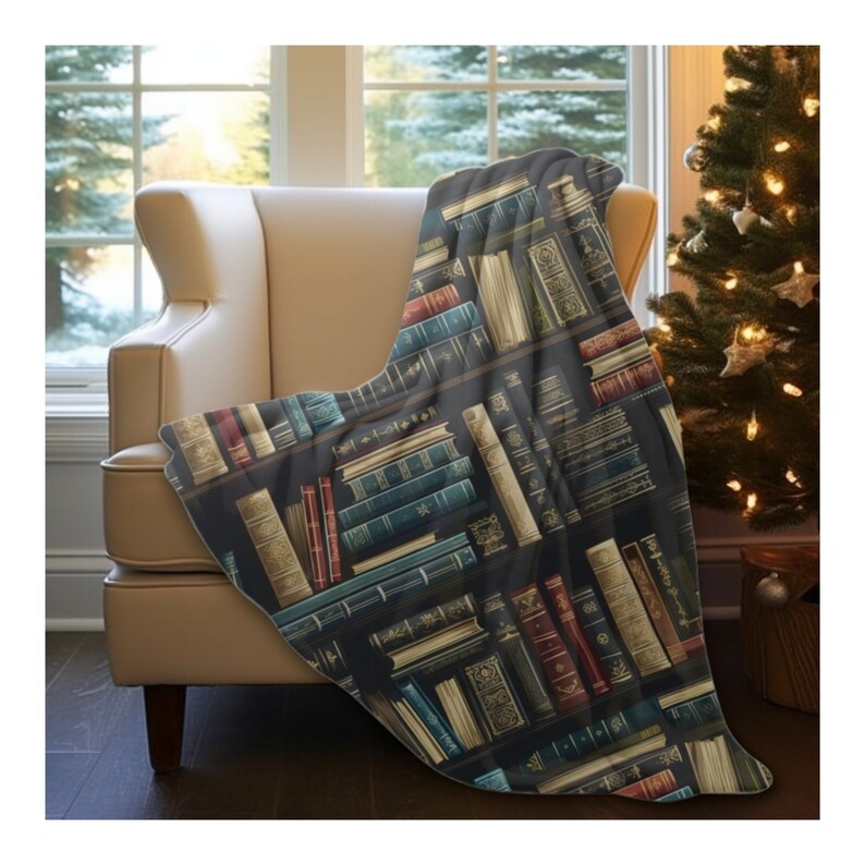 May include: A soft, plush throw blanket featuring a repeating pattern of vintage books on a bookshelf. The books are arranged in a variety of colors, including red, blue, green, and gold. The blanket is perfect for adding a touch of literary charm to any room.