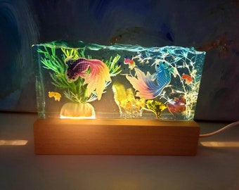 Fish family resin lamp, resin fish tank lamp, resin lamp, fish tank decoration, birthday gift