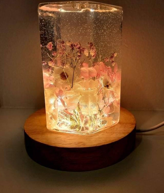 Customised Epoxy Resin Lamp With Dried Flowers, Night Light