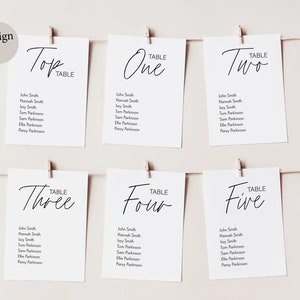 Peut inclure: Cinq cartes blanches avec du texte noir, chacune &eacute;tiquet&eacute;e avec un num&eacute;ro de table&nbsp;: Top, One, Two, Three, Four et Five. Chaque carte liste les noms des invit&eacute;s assign&eacute;s &agrave; cette table.