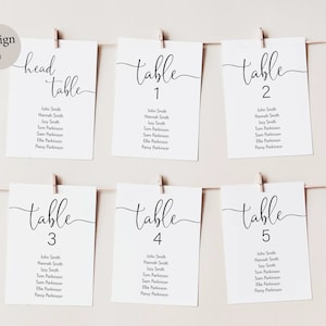 Peut inclure: Cinq cartes blanches avec du texte noir, chacune &eacute;tiquet&eacute;e "table" avec un num&eacute;ro de 1 &agrave; 5. Chaque carte liste un ensemble de noms pour un plan de table de r&eacute;ception de mariage.