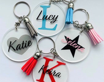 Personalised Keyring | Keychain with Tassel | Any Name | Any Colour | Gift | Heart | Star