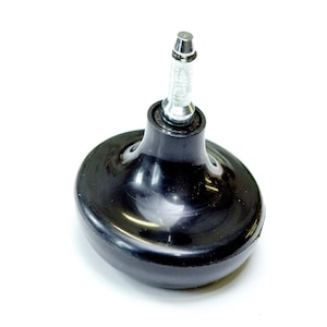 May include: A black furniture leg with a rounded base and a silver metal threaded stem. The base is made of a glossy, smooth material. The stem has a small, grooved top.