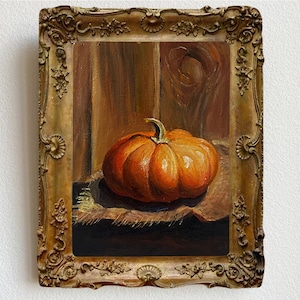 Orange Pumpkin Fall Original Oil on Canvas  Still-Life Autumn Vegetables Painting Handmade 5x7 Halloween Wall Home Decor