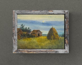 Original Oil Painting on Canvas Country Landscape Sunset  Autumn Cosy Art Gift Green Home Decor Nature Original Art Work 6x8 Rustic Meadow