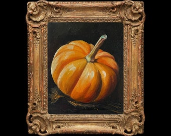 Little Orange Pumpkin Oil on Canvas Painting Handmade Classic Realism Still Life Vegetables Art Work Autumn Halloween Thanksgiving Day