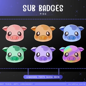 Puede incluir: Conjunto de seis insignias de cerdos de dibujos animados en varios colores, incluyendo rosa, naranja, azul, verde, morado y arcoíris. Cada cerdo tiene ojos grandes y una expresión linda. El texto "SUB BADGES PIGS" está en la parte superior. La imagen también incluye información sobre el tamaño.