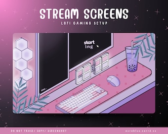 Animierte Lofi-Gaming-Setup-Bildschirme – Stream startet, bin gleich wieder da, Stream endet, nur chatten, Gameplay-Twitch-Overlays und -Szenen
