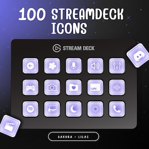 Puede incluir: Un Stream Deck negro con 15 iconos blancos, incluyendo un micrófono, volumen y un mando de juego. El texto "STREAM DECK" está en blanco sobre fondo negro. El texto "SAKURA - LILAC" está en blanco sobre fondo negro.
