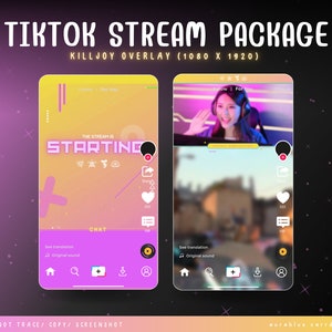 Puede incluir: Una plantilla de superposición de transmisión de TikTok con un esquema de color rosa y amarillo. La superposición presenta un cuadro de texto que dice "La transmisión está comenzando" y un cuadro de chat. La superposición está diseñada para usar con el personaje Killjoy del videojuego Valorant.