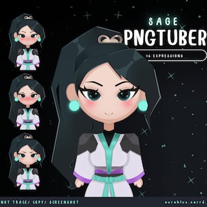 Puede incluir: Una ilustración digital de un personaje de dibujos animados con cabello negro largo, vistiendo un atuendo blanco y turquesa. El personaje tiene ojos verdes y un rubor rosado en las mejillas. La imagen está etiquetada como "Sage PNGTuber 16 Expressions".
