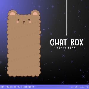 Puede incluir: Una caja de chat de oso de peluche marrón con una cuerda blanca que cuelga de la parte superior. El fondo es azul oscuro con estrellas blancas.