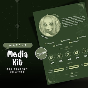 Puede incluir: Una plantilla de kit de medios verde y blanco para creadores de contenido. La plantilla incluye un espacio para una foto de perfil, nombres de usuario de redes sociales, datos demográficos de la audiencia y una llamada a la acción. El texto "MATCHA Media Kit for Content Creators" se muestra en una fuente grande.