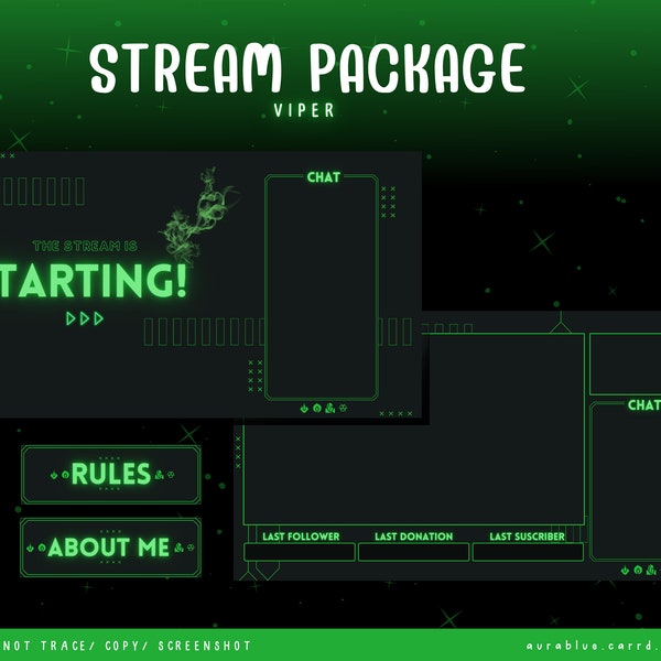 Puede incluir: Una superposición de transmisión de Twitch verde y negra con el texto "STREAM PACKAGE VIPER" en la parte superior. La superposición incluye secciones para chat, reglas, sobre mí, último seguidor, última donación y último suscriptor. El texto "THE STREAM IS STARTING!" se muestra en verde sobre un fondo negro.