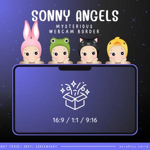 May include: A digital webcam border featuring four cartoon characters with different animal hats. The characters are a pink bunny, a green frog, a black cat, and a yellow duck. The border has a blue background with a white box and stars. The text "SONNY ANGELS MYSTERIOUS WEBCAM BORDER" is at the top of the border. The text "16:9 / 1:1 / 9:16" is at the bottom of the border.