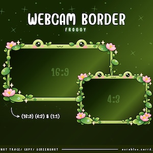 May include: A digital webcam border set featuring a frog-themed design with green lily pads, pink lotus flowers, and small sparkling stars. The graphic includes two rectangular frames labeled 16:9 and 4:3, with text reading WEBCAM BORDER FROGGY.