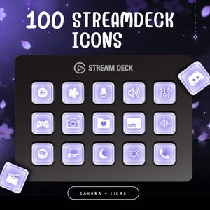 May include: A black Stream Deck device featuring a grid of fifteen square buttons with light purple icons. The text 100 STREAMDECK ICONS is displayed at the top, and SAKURA - LILAC is printed at the bottom. Additional square icons float nearby.