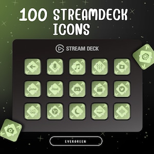 Puede incluir: Un conjunto de 100 iconos verdes de Stream Deck con fondo negro. Los iconos están dispuestos en una cuadrícula y presentan varios símbolos, incluyendo un micrófono, una nota musical, una cámara, y más. El texto "EVERGREEN" se muestra debajo de la cuadrícula.