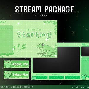 Puede incluir: Paquete de transmisión de Twitch verde y blanco con una ilustración de rana. El paquete incluye una pantalla de inicio, un cuadro de chat, un botón de suscripción, un botón de información sobre mí y una sección para el último seguidor, la última donación y el último suscriptor.