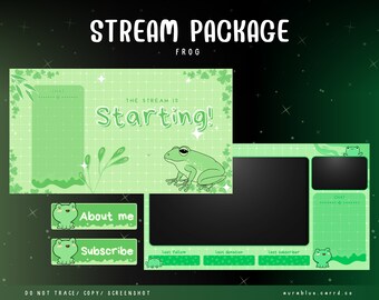 Op de afbeelding: Groen en wit Twitch-streampakket met een kikkerillustratie. Het pakket bevat een startscherm, een chatbox, een abonneerknop, een over mij-knop en een sectie voor de laatste volger, de laatste donatie en de laatste abonnee.