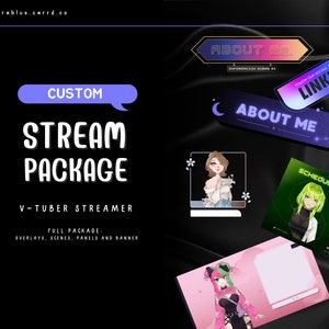 Puede incluir: Un paquete de transmisión personalizado para V-Tubers, que incluye superposiciones, escenas, paneles y una pancarta. El paquete incluye un horario, paneles de "sobre mí" y un enlace linktr.ee.
