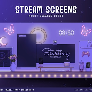 Animated Night Gaming Setup Screens - Stream Starting, Be Right Back, Stream Ending, Just Chatting, Gameplay Twitch Overlays and Scenes