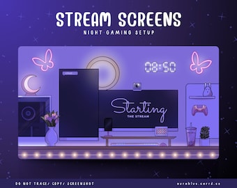 Animierte Setup-Bildschirme für Nachtspiele – Stream startet, bin gleich wieder da, Stream endet, nur chatten, Gameplay-Twitch-Overlays und -Szenen