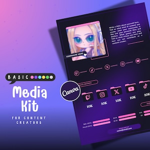 Peut inclure: Un modèle de kit média violet et rose avec le texte "BASIC Media Kit for Content Creators" et une illustration de dessin animé d'une fille aux grands yeux. Le modèle comprend une section pour les statistiques des médias sociaux avec des icônes pour Twitch, Instagram, Twitter, YouTube et TikTok. Le modèle comprend également une section pour les données démographiques du public et les coordonnées.