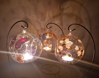 Butterflies and bees glass bauble holder, tea light candles holder, transparent he decor, glass globe
