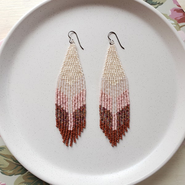 Blush Pink Beaded Fringe Earrings, Handwoven Seed Bead Boho Jewelry, Soft Cream & Pink Ombre Chevron Feather Design, Modern Unique Statement
